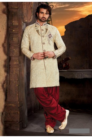 Designer Off White Maroon Indo Western Sherwani